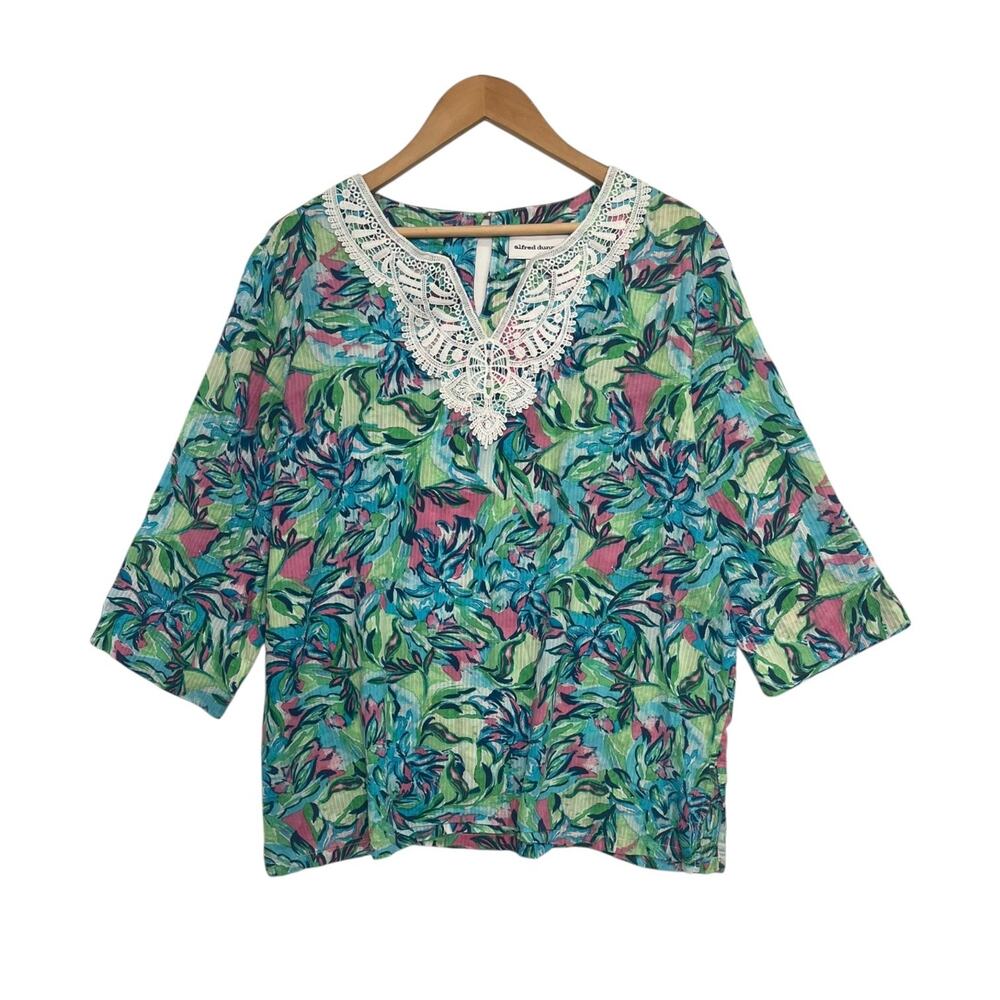 Alfred Dunner Top Womens Large Green Blue Floral Lace Tropical Floral Resort